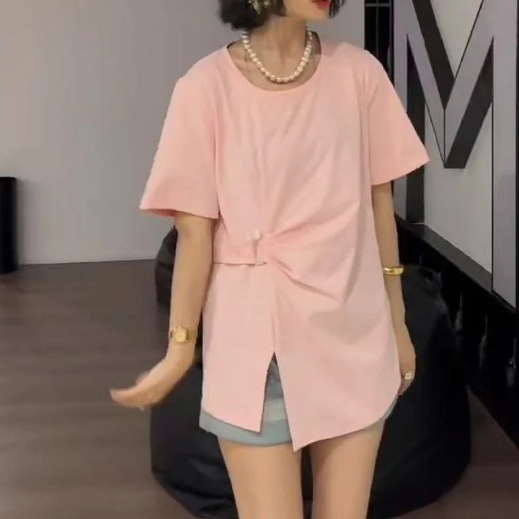 2025新款夏季大码微胖休闲女不规则体恤胖MM遮肉显瘦短袖t恤3793