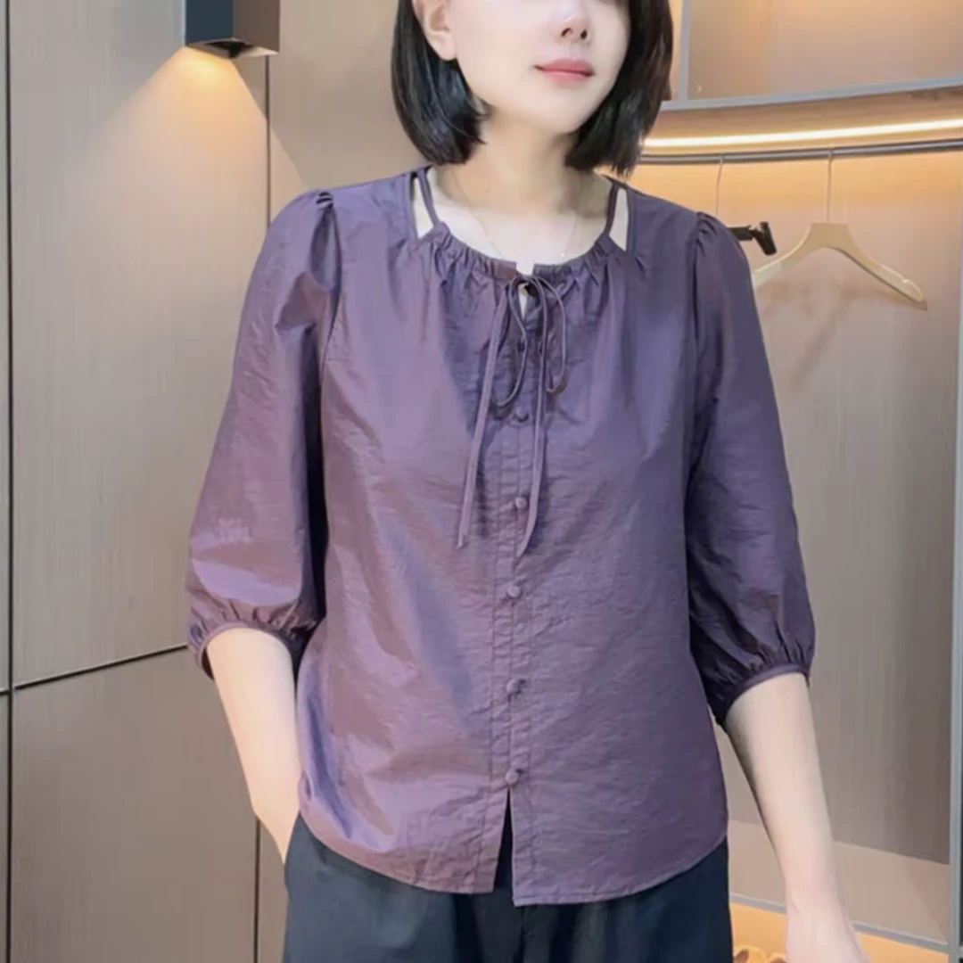 2025秋季新款时尚休闲妈妈装纯色简约衬衫气质减龄显瘦百搭上衣