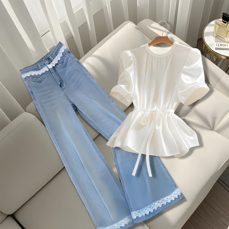 2025夏季轻奢高级感仙气飘飘清新白色短袖衬衫通勤百搭休闲裤套装