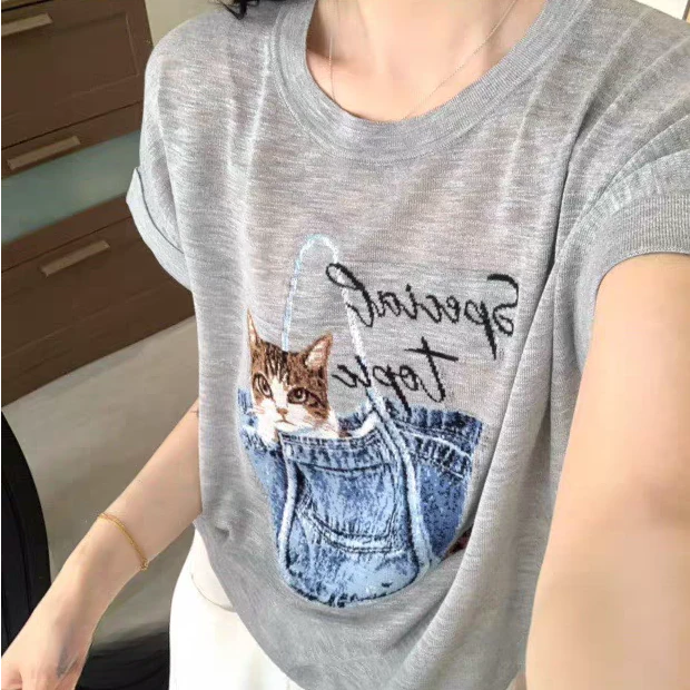 薄款凉感醋酸亚麻圆领欧若风短袖牛仔口袋猫夏25新款 57