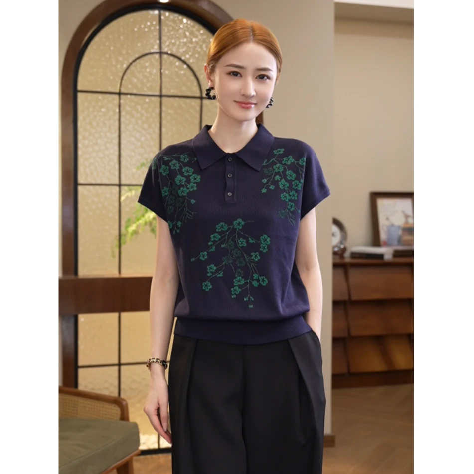 2025夏季新款【7832】提花POLO领亮丝曲珠显瘦短袖藏青色针织衫女装