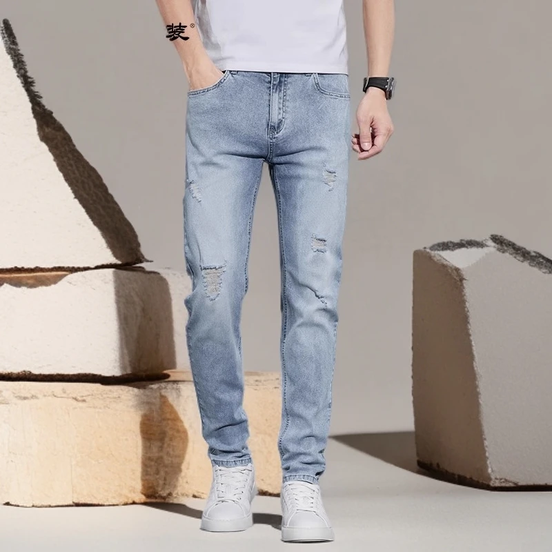 诺顿雷斯男士直筒休闲裤新款潮牌痞帅夏季薄款长裤浅色破洞牛仔裤