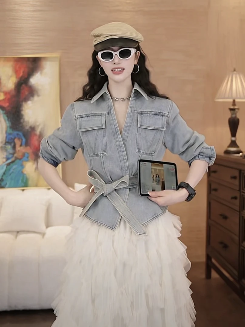 春季穿搭一整套女2025新款韩系美式复古牛仔外套显瘦半身裙两件套