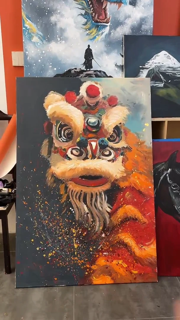 丙烯画往**风林老师醒狮不加框