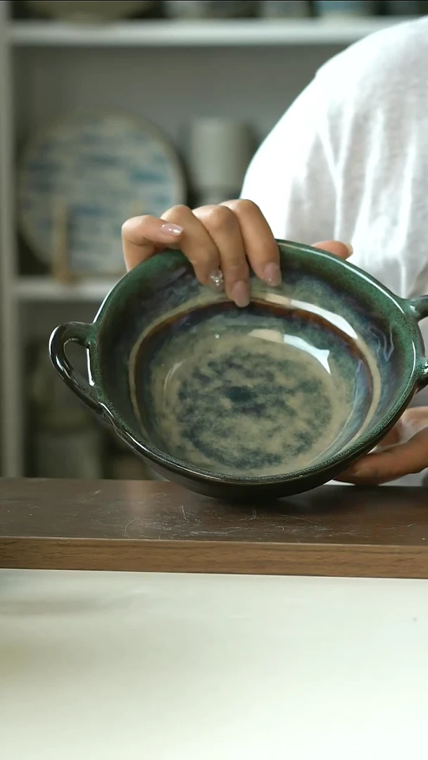 微瑕日式湖水窑变双耳碗20cm@4-2@