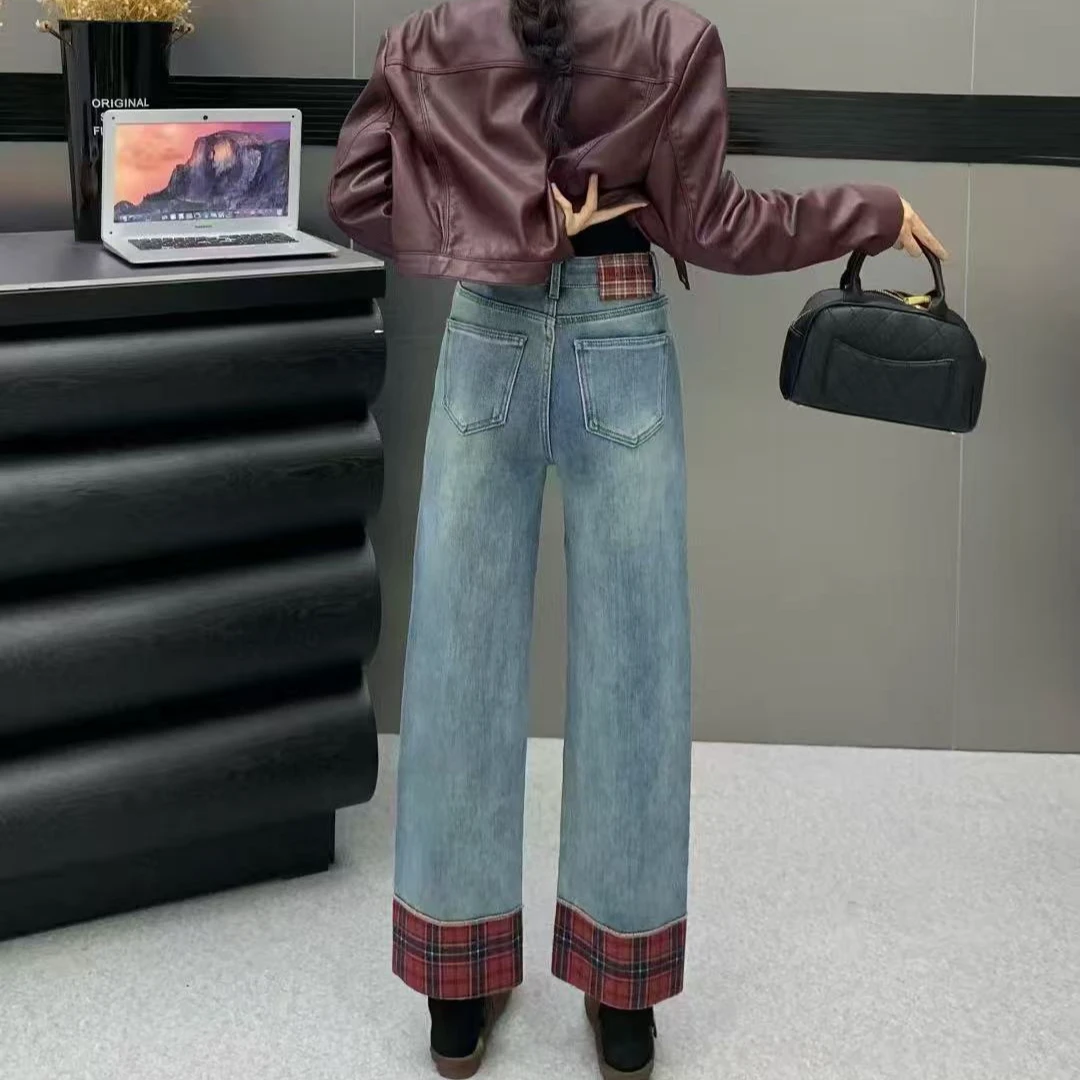 K553浅蓝加绒拼红格牛仔裤6629