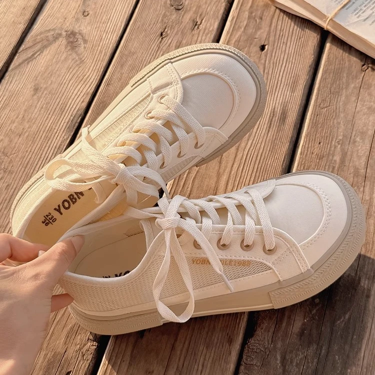 Moleubak帆布鞋2025新款女网鞋透气薄款网面鞋子配裙子休闲板鞋女