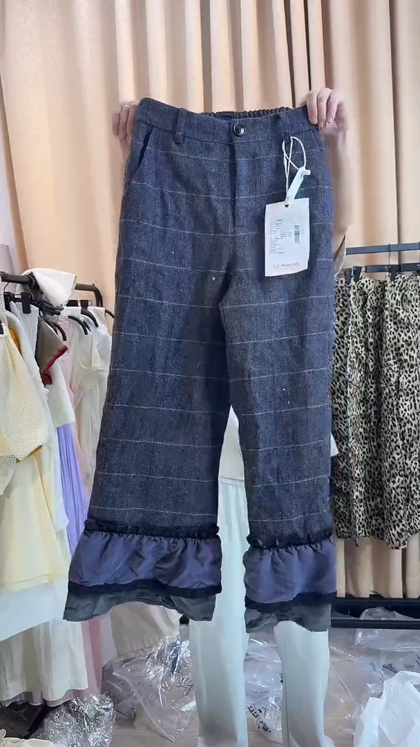 美美样衣 毛呢格纹花边九分裤S码