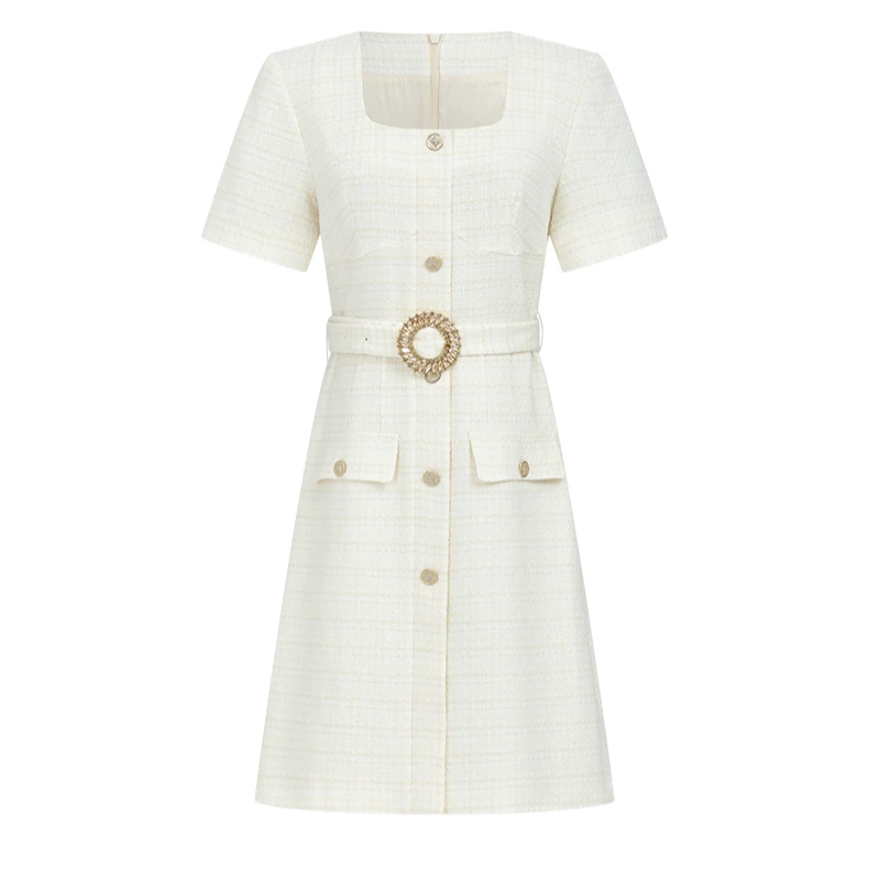 【羊羊专属】曼德诗短袖连衣裙2024春装新款小香风绵羊毛花呢裙子女