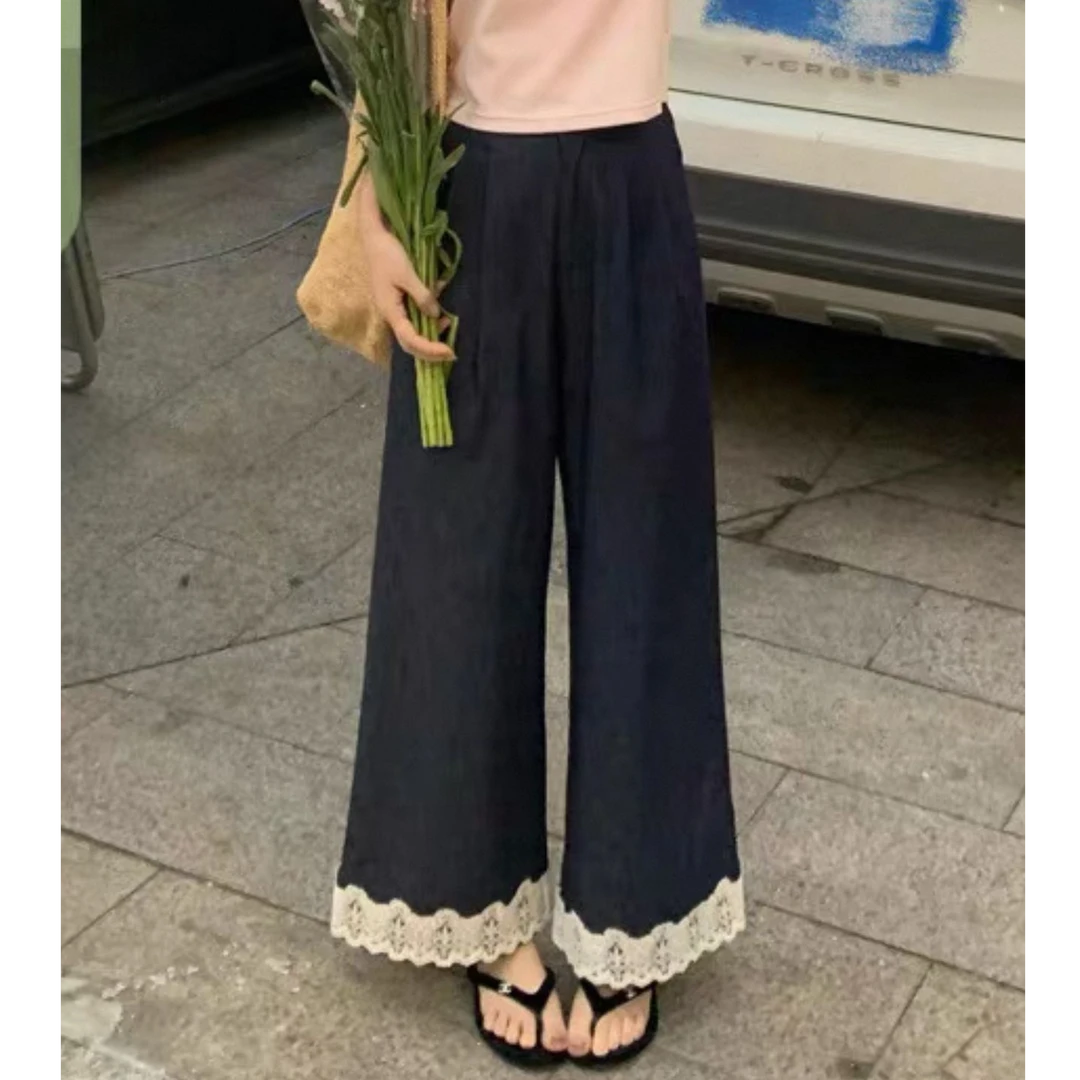 【云素】韩版春季浅色小个子慵懒松弛感蕾丝花边阔腿休闲裤女薄款