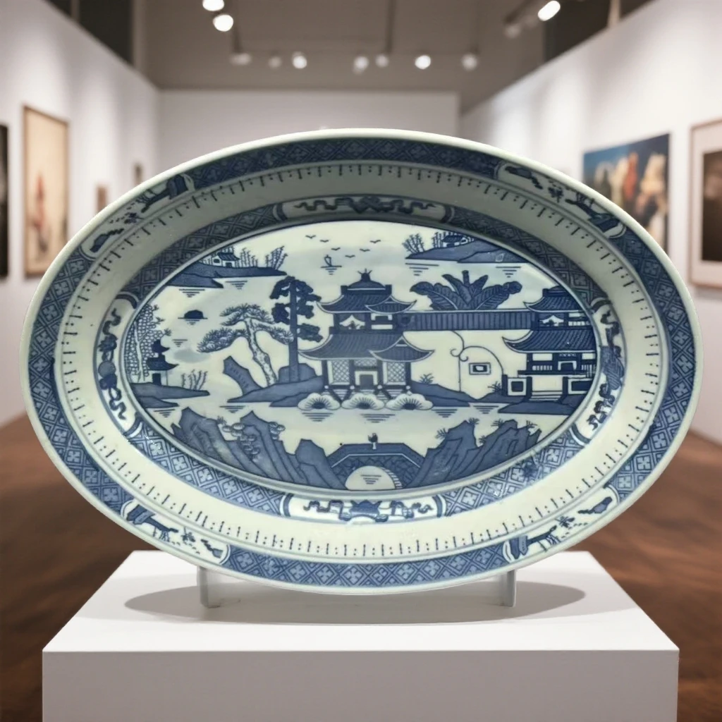 lot8805 567青花山水楼阁纹盘/云南典藏