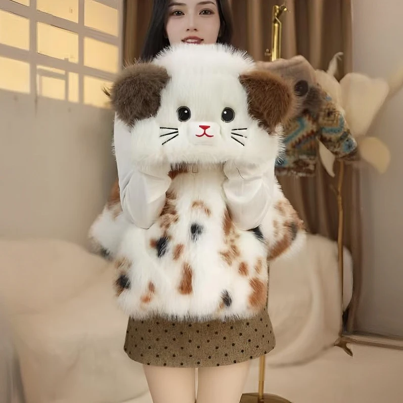 （三花小猫）宝宝秋冬季毛绒外套小童保暖加厚可爱卡通洋气连帽外套