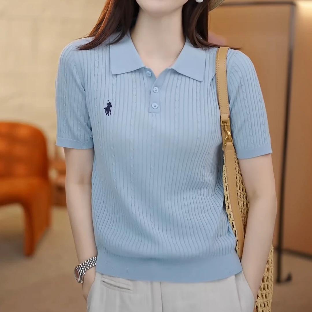 精致时髦2025夏季新款POLO领针织短袖T恤刺绣薄款纯色百搭上衣