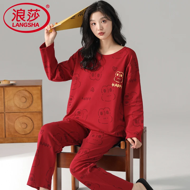 浪莎本命年睡衣女款红色纯棉长袖圆领红色新婚卡通宽松家居服套装