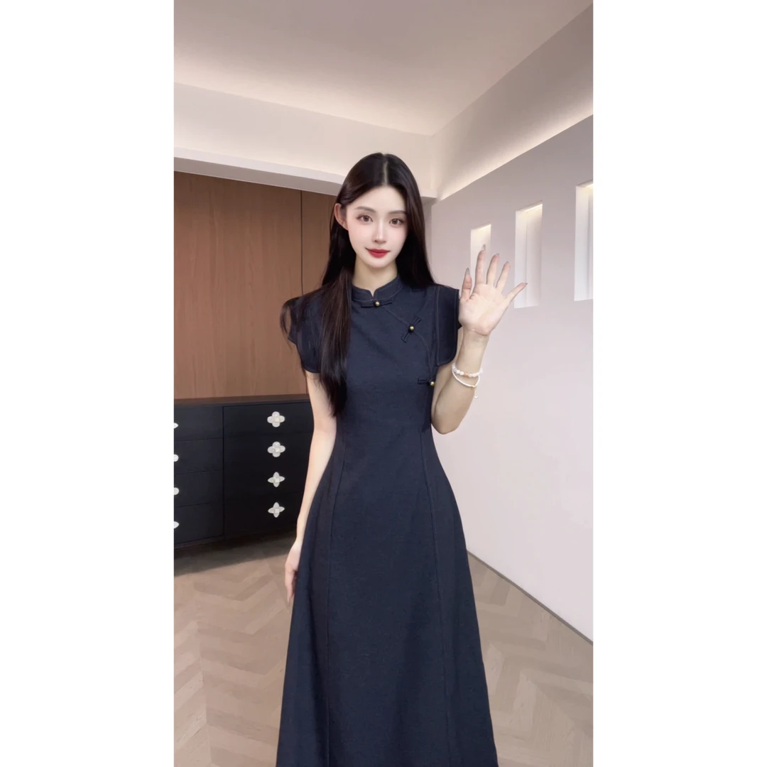 2025年藏蓝色旗袍女夏装轻款国风新中式显瘦连衣裙B0093