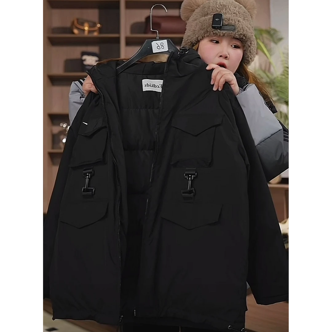 407113《黑》优选韩版洋气百搭日常时尚连帽洋气羽羽外套