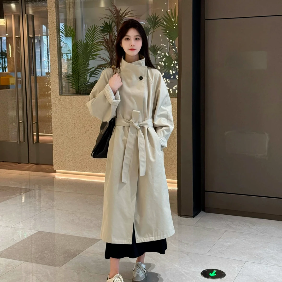 LOSA ROSA春秋新款收腰英伦风宽松廓形外套白色立领中长款风衣女