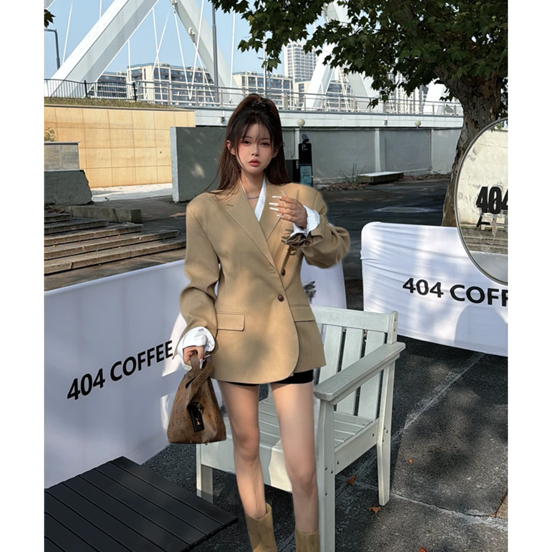 21DEGREES 【中古商店】卡其侧扣西装外套白色宽松衬衣A版绒面短裤