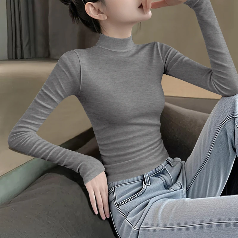 2025新款半高领螺纹打底衫女内搭秋冬纯色洋气百搭上衣长袖t恤女