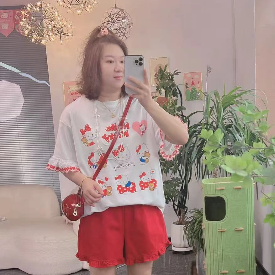 【纯熙+】5150夏季新款KK猫刺绣蝴蝶花瓣袖T恤短袖上衣女韩版宽松