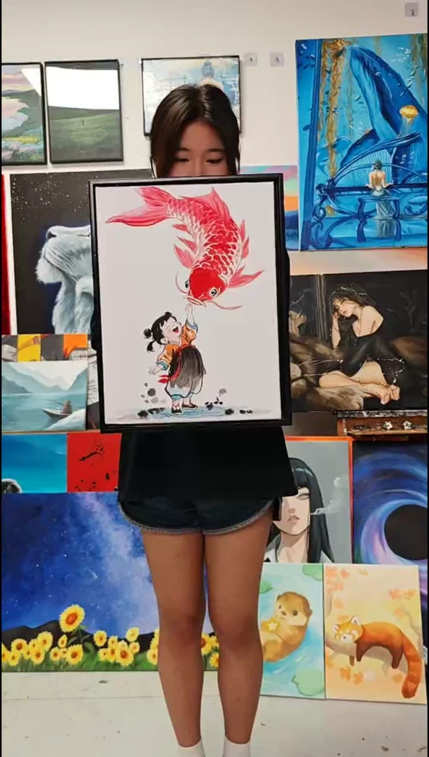 丙烯画锦鲤女孩丙烯画x加框