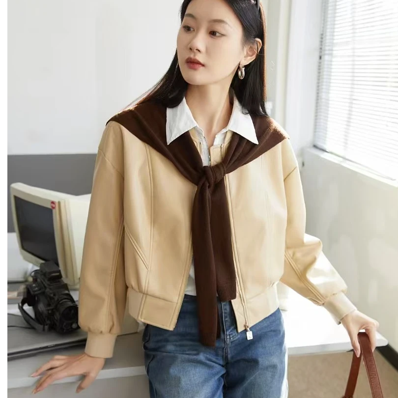 IAM27春装皮外套拼接针织短款宽松夹克卡其色休闲女设计师小个子