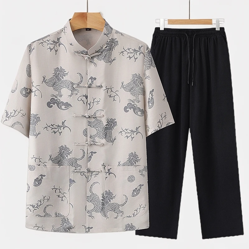 夏季薄款男士短袖中老年爸爸套装休闲宽松汉服中国风新中式爷爷装