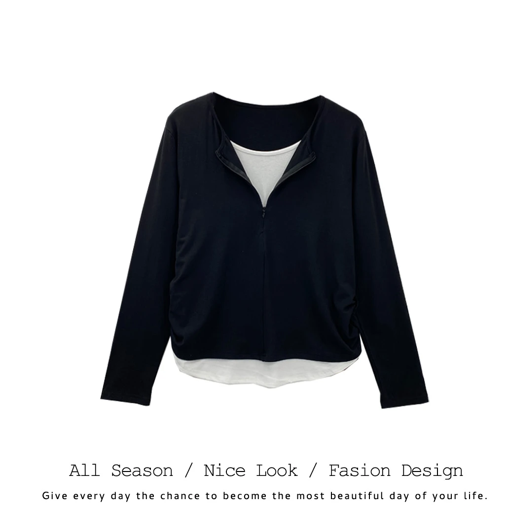 317     时尚黑色拼接白色假两件舒适百搭圆领长袖      款号#106