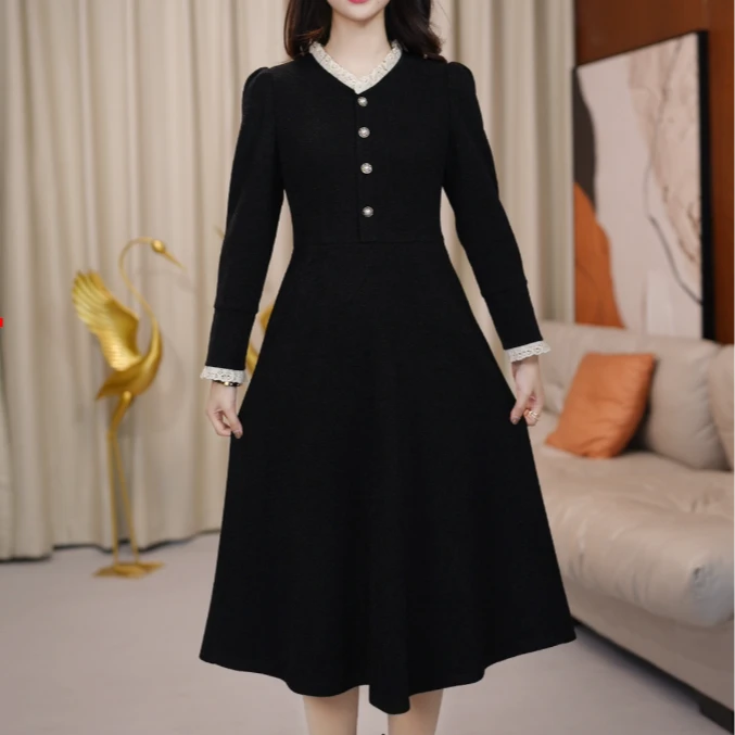 连衣裙法式裙子显瘦气质长袖法式春秋款小黑裙收腰裙子显瘦气质