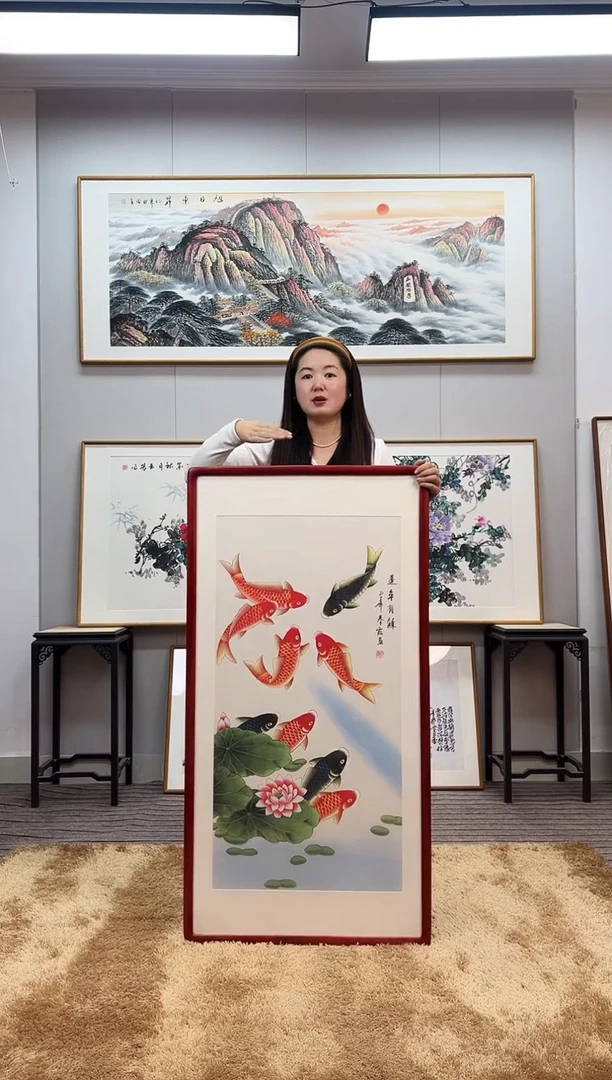 国画手绘九鱼图123*63尺寸
