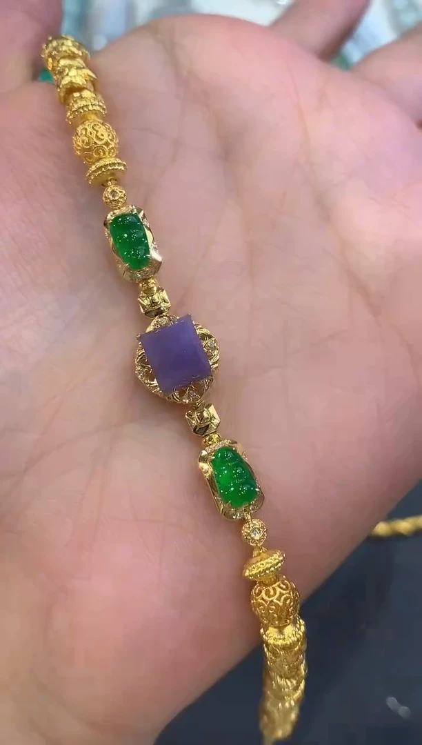 足金镶嵌手链翡翠a64紫货有色差
