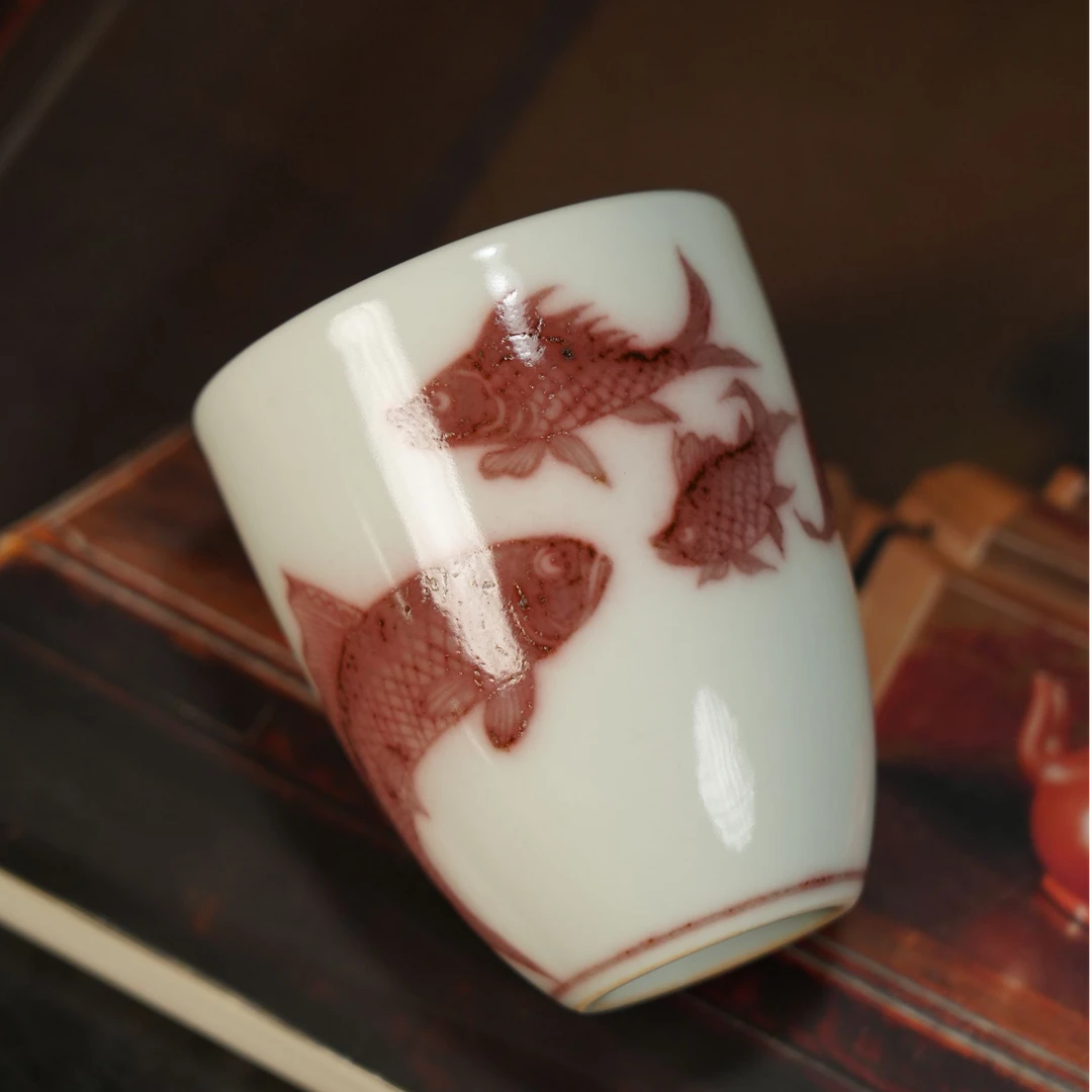 【幽蓝溪堂】釉里红 青鲢鲤鳜手雷杯