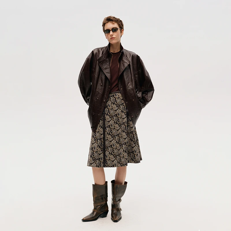 河岸家买手店ICE DUST立领中长款抽褶羊皮革夹克皮衣女25秋冬新款