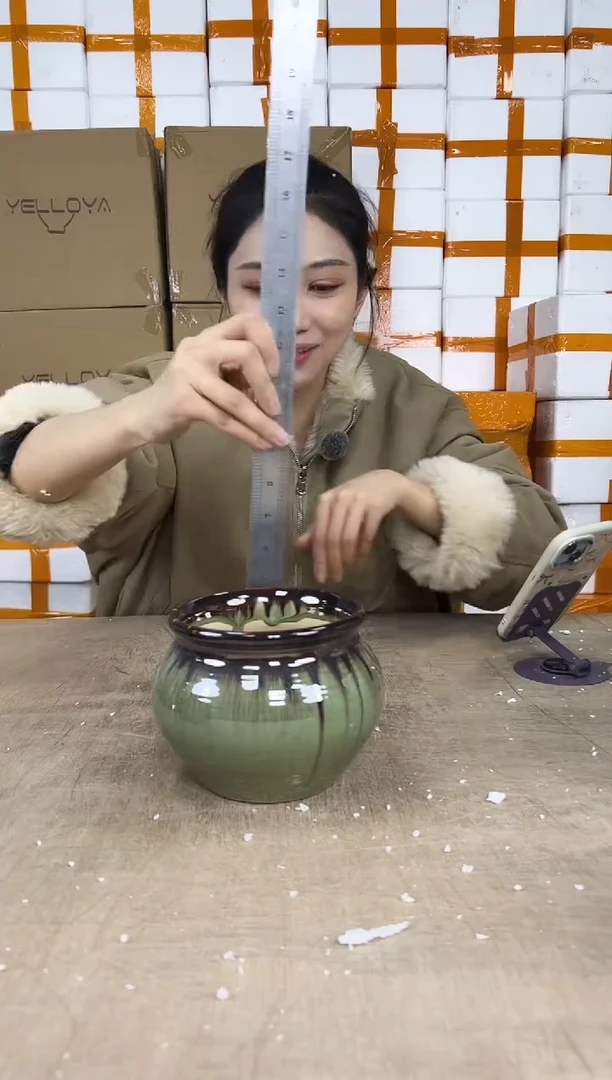 罐罐亮绿流釉14x12