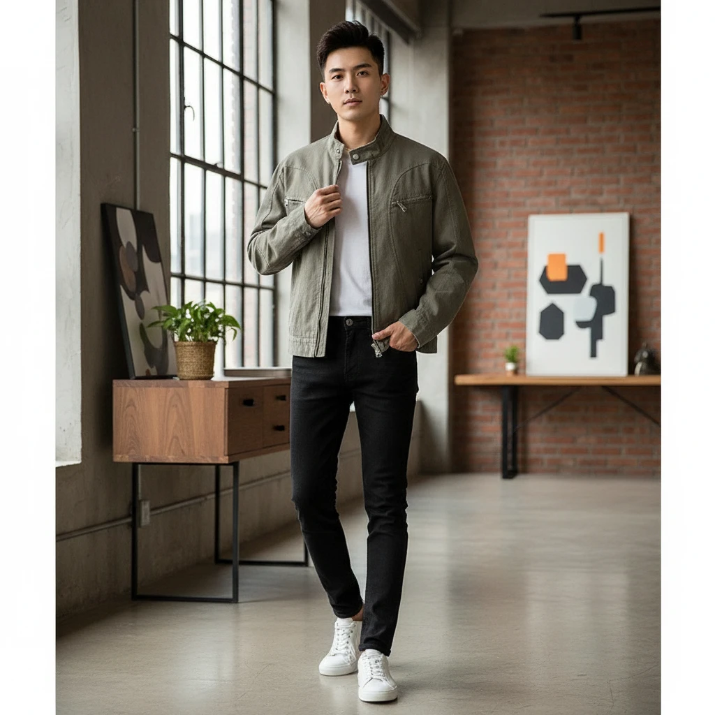 复古水洗做旧立领牛仔外套男款垫肩cleanfit拉链休闲飞行夹克上衣
