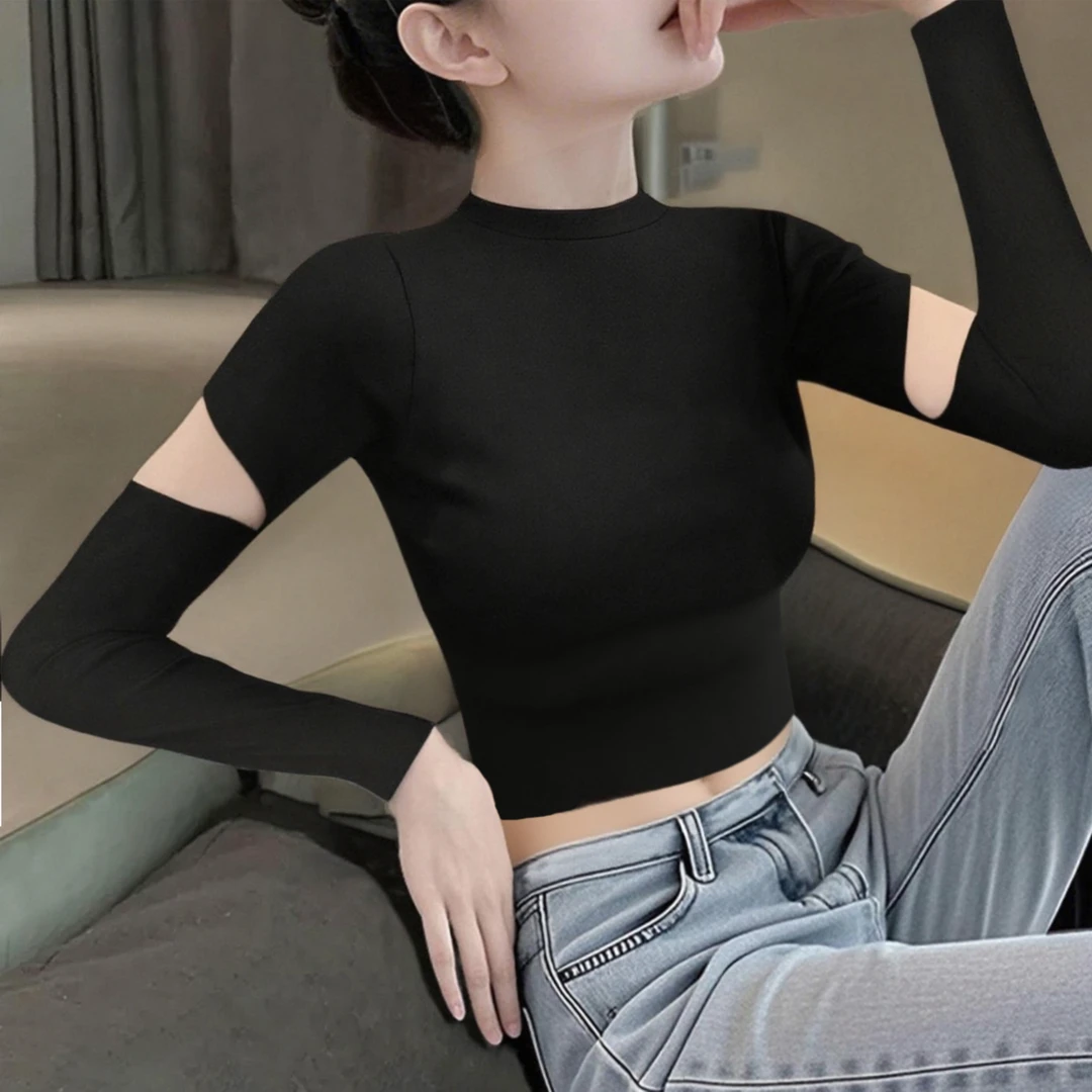 黑色设计感小众镂空长袖打底衫女内搭半高领韩版修身显瘦纯色上衣