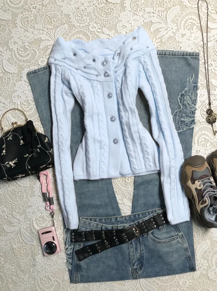 纯欲风高级感上衣毛茸茸性感一字肩针织衫软糯奶fufu的毛衣女秋冬