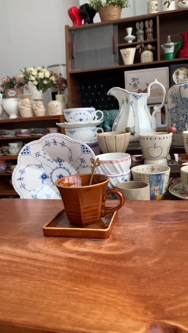 瓷【焦糖色方格】咖啡杯【送勺】