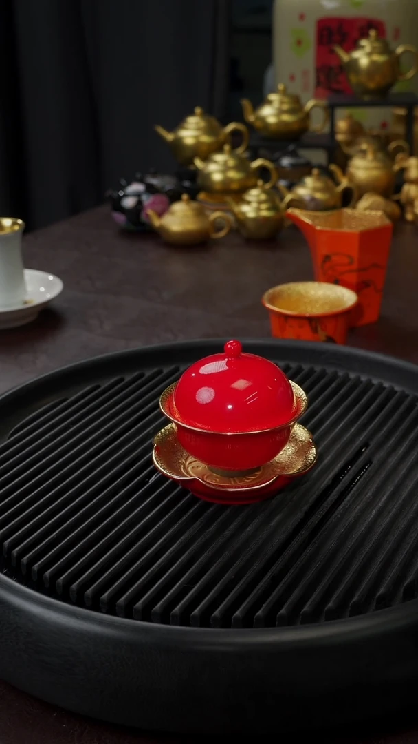 【闪购商品】杯【宜景窑中国红鎏金】乳钉盖碗+杯碟