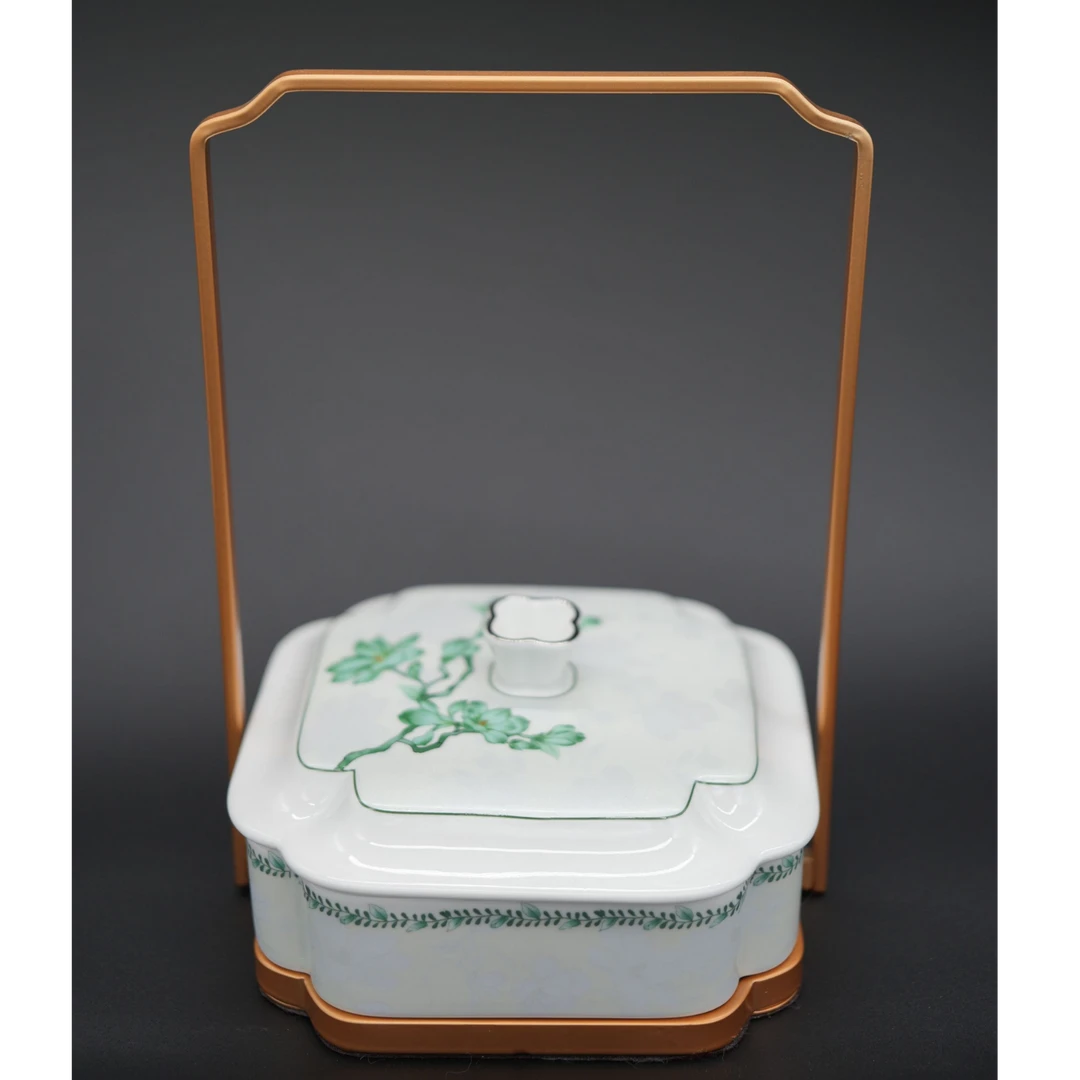手提新中式国风典雅绿枝陶瓷点心盒收纳盒提篮烤鸭餐具金属边框