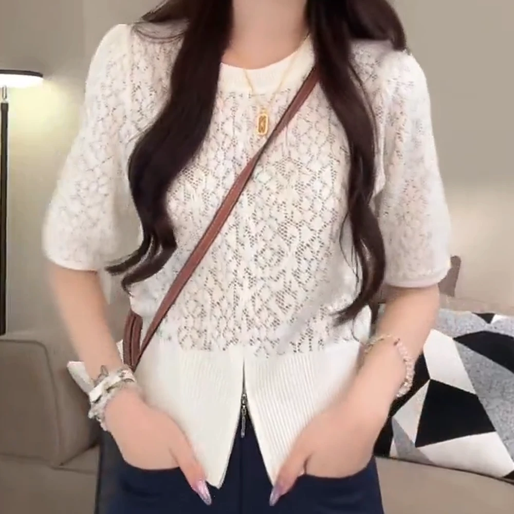 早秋新款气质镂空提花设计感休闲百搭圆领针织衫C5885