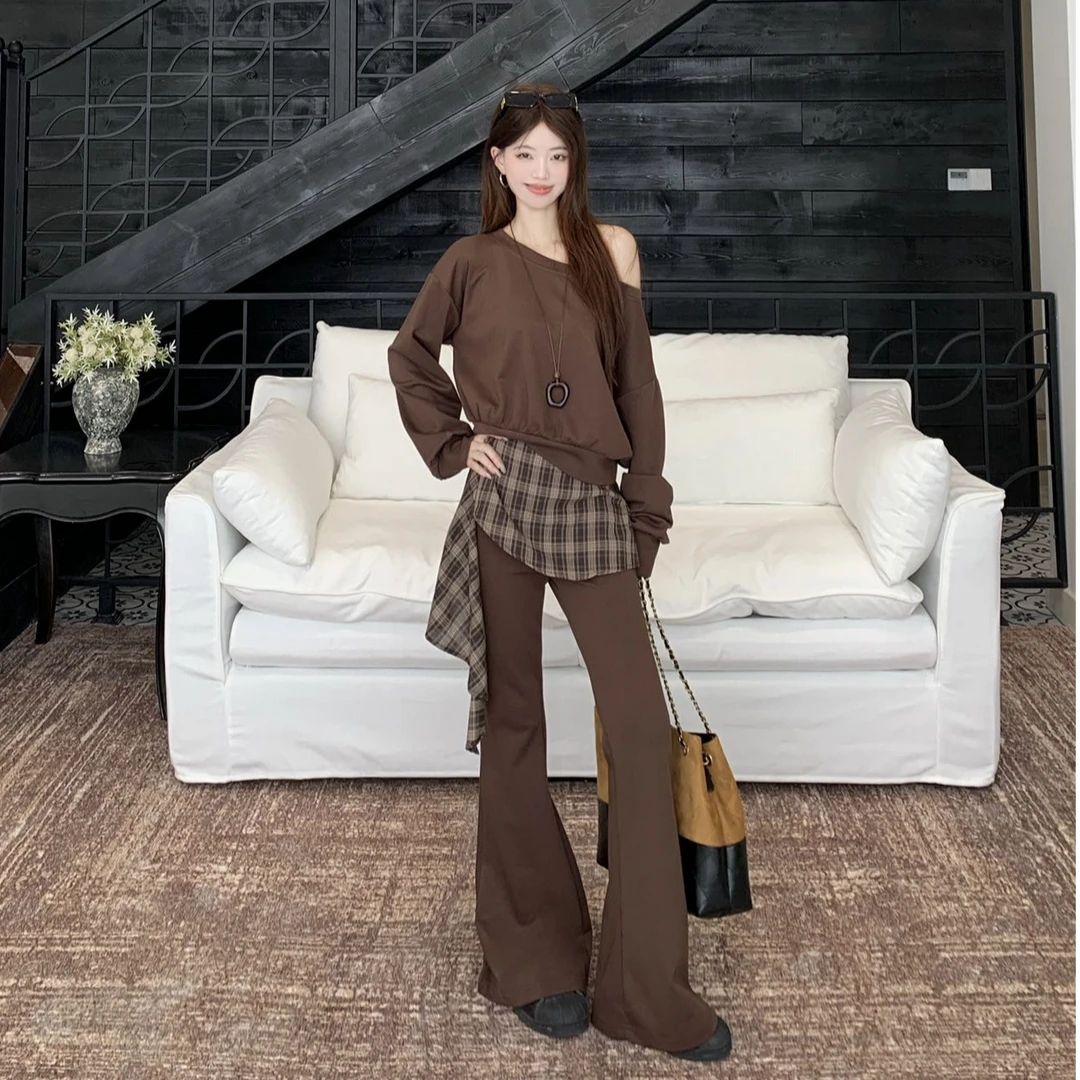 2025秋季斜肩领长袖卫衣上衣小众设计感格子屁帘宽松女长裤子套装