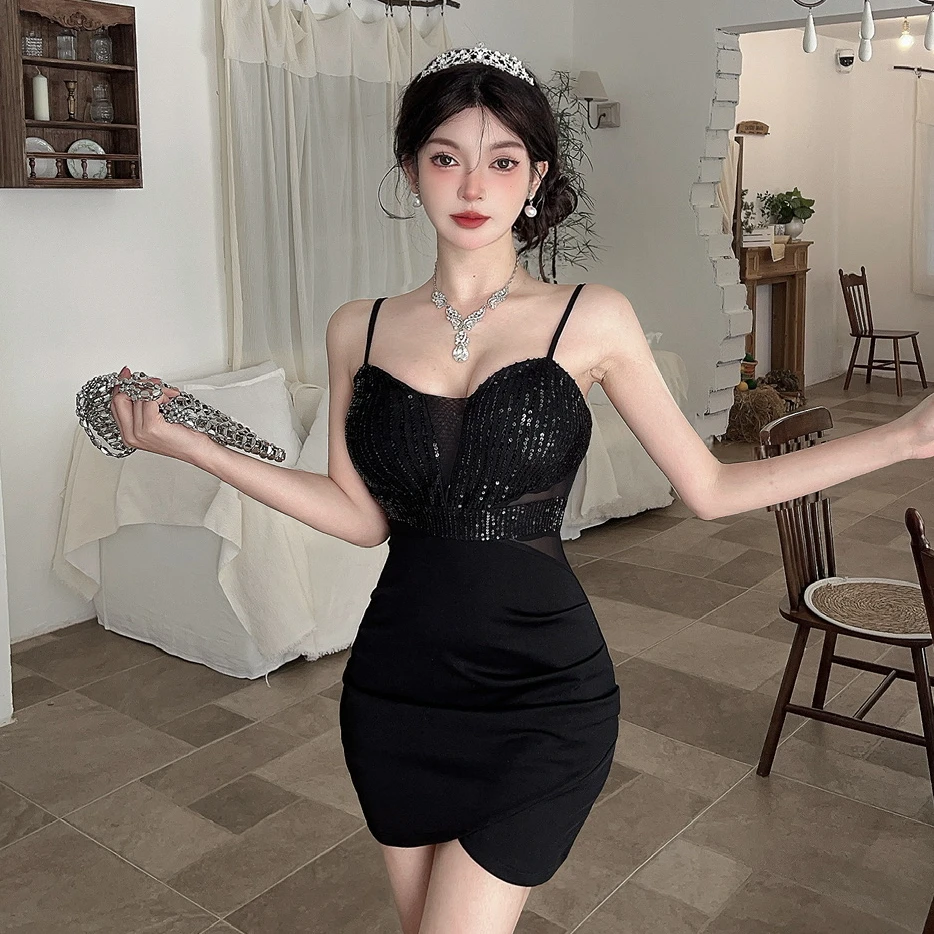 低胸露背性感收腰珠片拼接吊带连衣裙收腰遮肚子裙子夜总店工作服