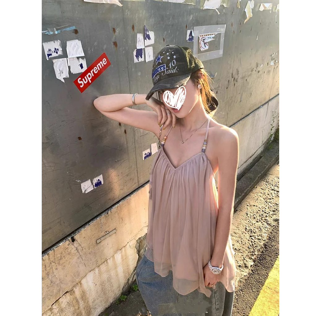 夏季绝美深V不规则网纱露背挂脖串珠度假感吊带上衣
