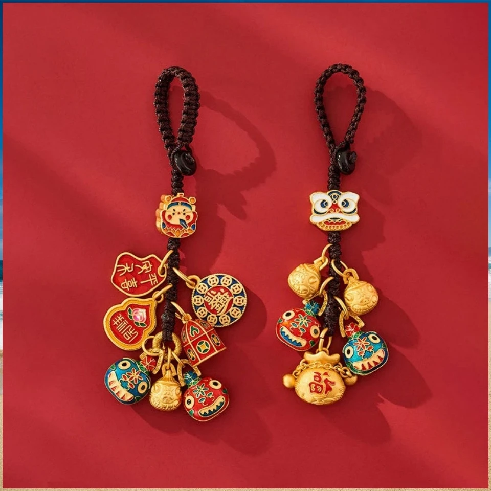 财神爷一家三口四口吞金兽钥匙扣镀金色古法金挂饰汽车钥匙链挂件