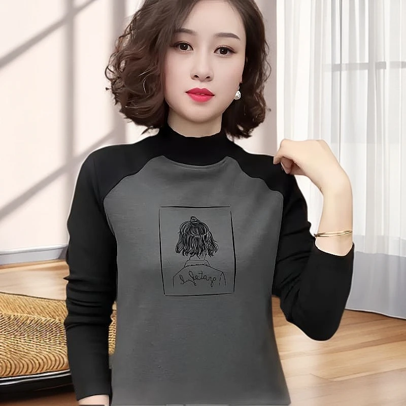 秋冬季新款半高领撞色插肩袖上衣时尚百搭洋气设计感女士打底小衫