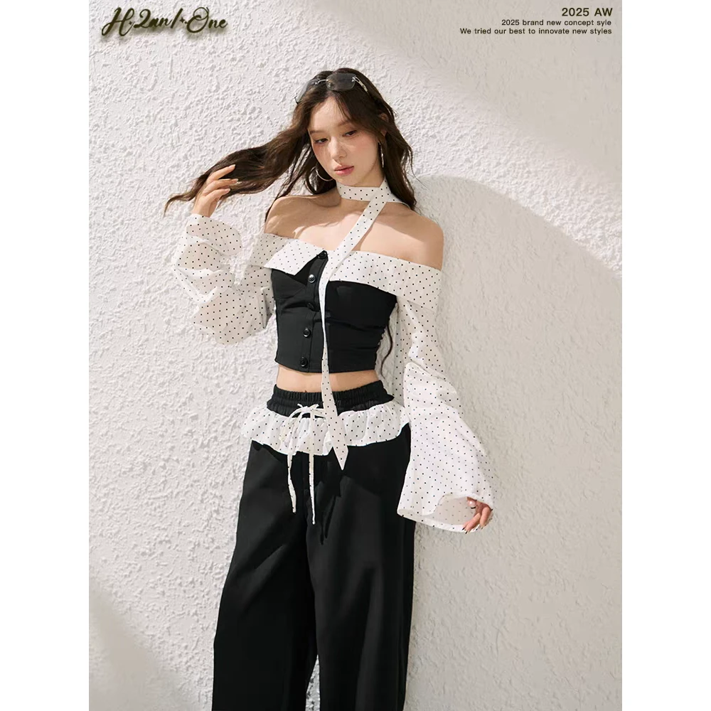 H2AN1STUDIO丨波点芭蕾风长袖一字肩抹胸上衣显瘦辣妹阔腿裤套装
