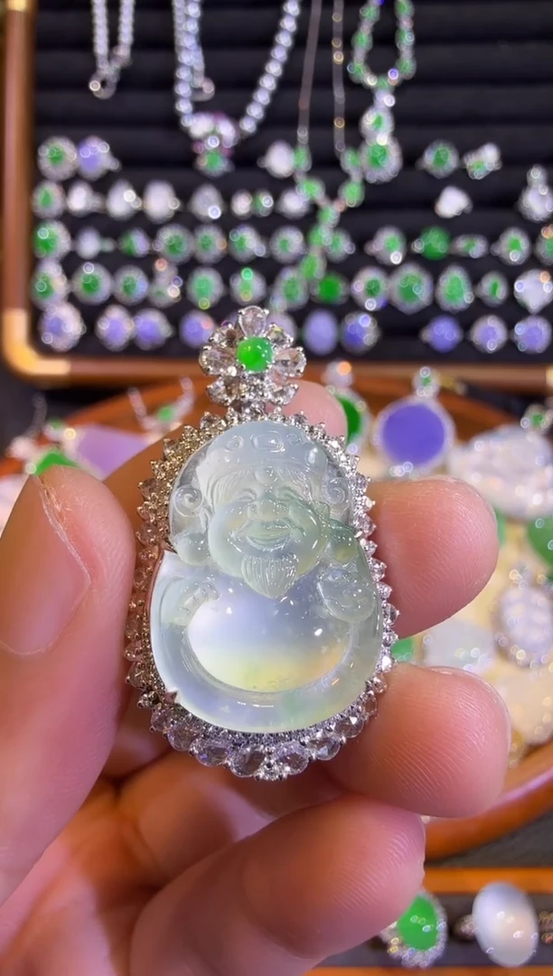 翡翠18K金镶嵌吊坠(赠链)玻璃种木纳雪花棉财神吊坠