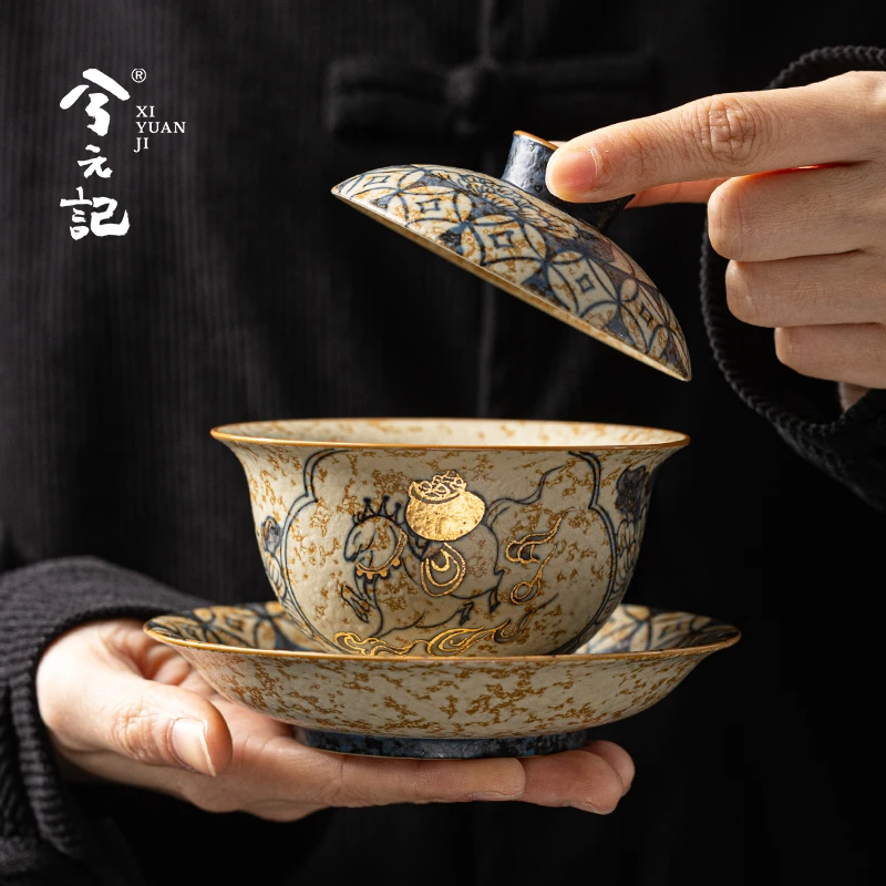 手绘财禄乾坤青花火石红三才盖碗茶杯单个高档泡茶碗带盖功夫茶具