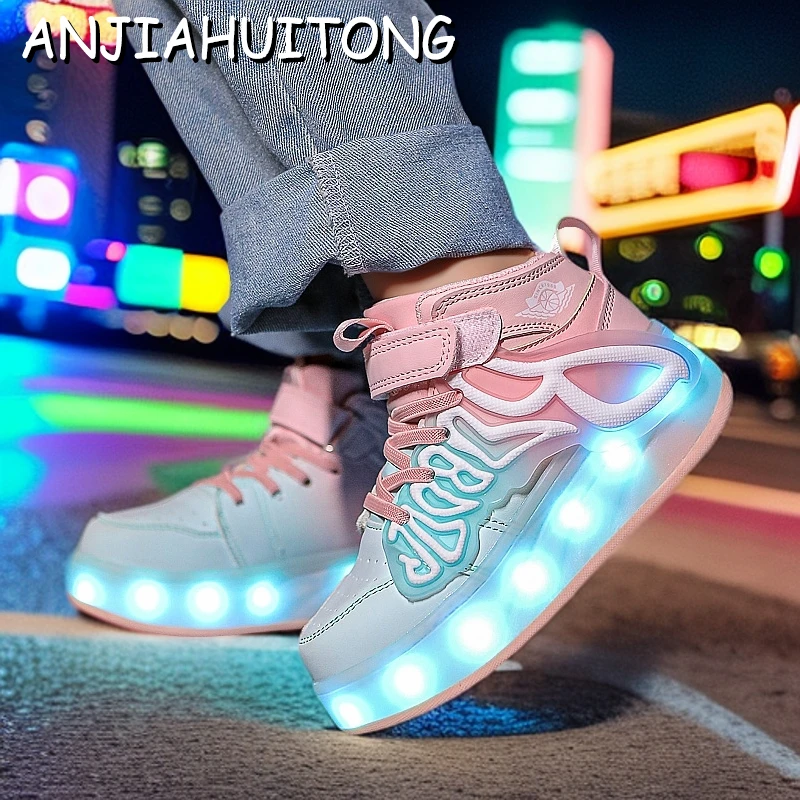 4轮带灯皮面青少年儿童轮滑学生男女童暴走鞋子可滑行中童溜冰鞋